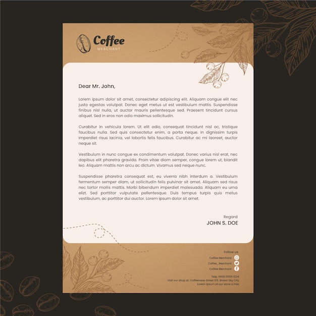 Hand drawn engraving coffee shop letterhead