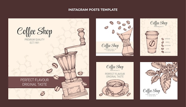 Collezione di post di instagram con incisione disegnata a mano per la caffetteria