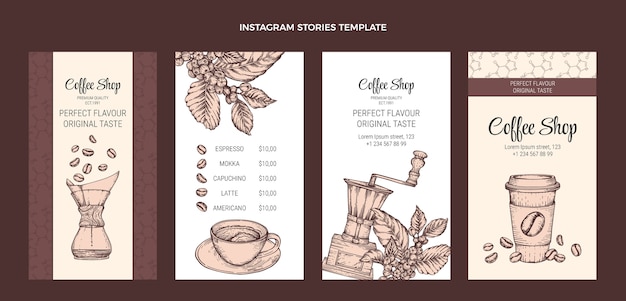 コーヒーショップのための手描きの彫刻instagramストーリーコレクション