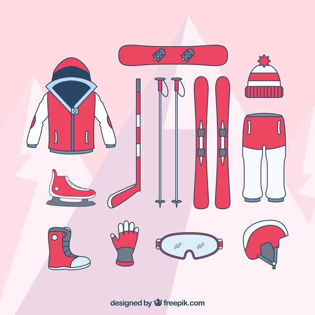 Hand drawn equipment of various winter sports