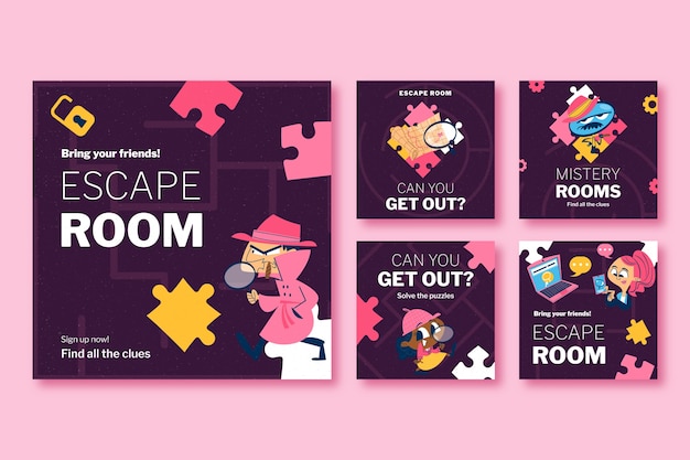 Free vector hand drawn escape room instagram posts