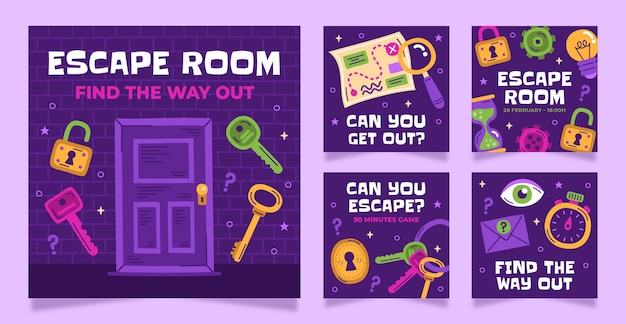 Free vector hand drawn escape room instagram posts