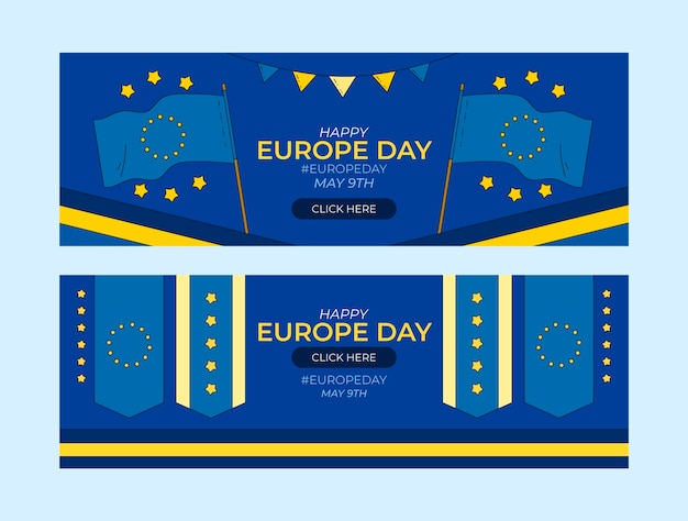 Hand drawn europe day horizontal banners pack