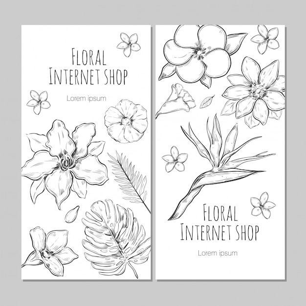 Bandiere verticali di piante esotiche disegnate a mano
