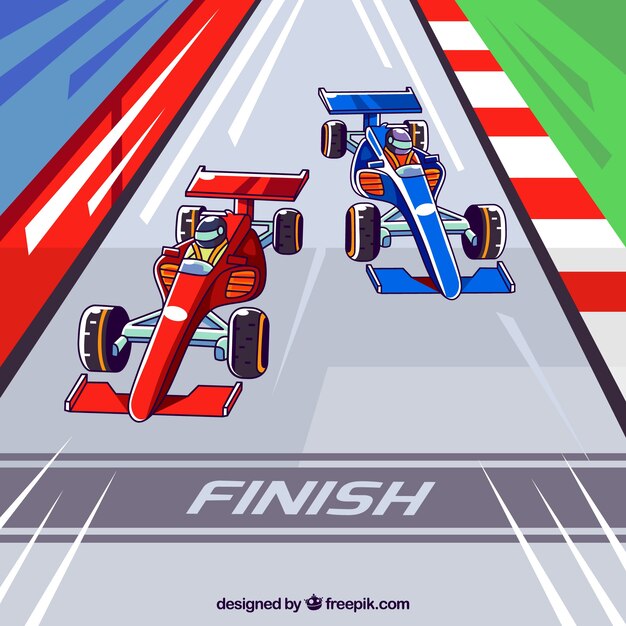 Hand drawn f1 racing carss crossing finish line