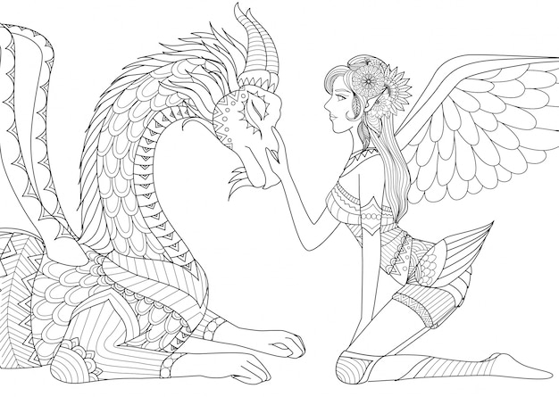 Hand drawn fairy and dragon