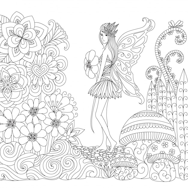 Hand drawn fairy and flowers background