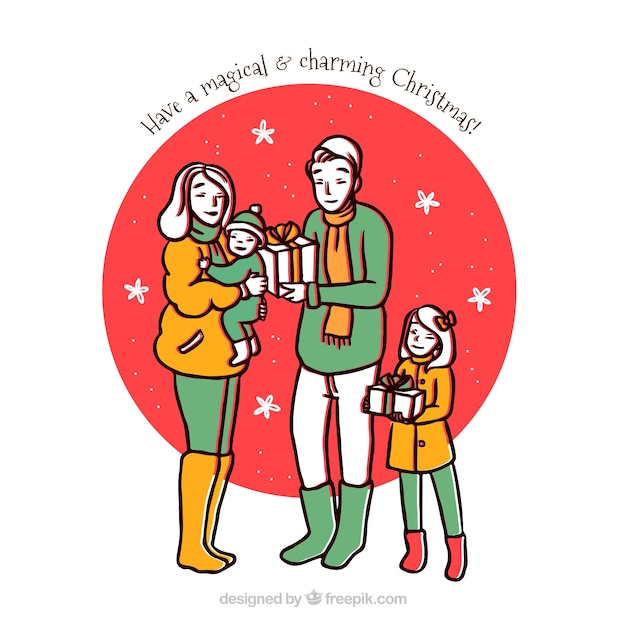 手描きの家族のクリスマスシーン