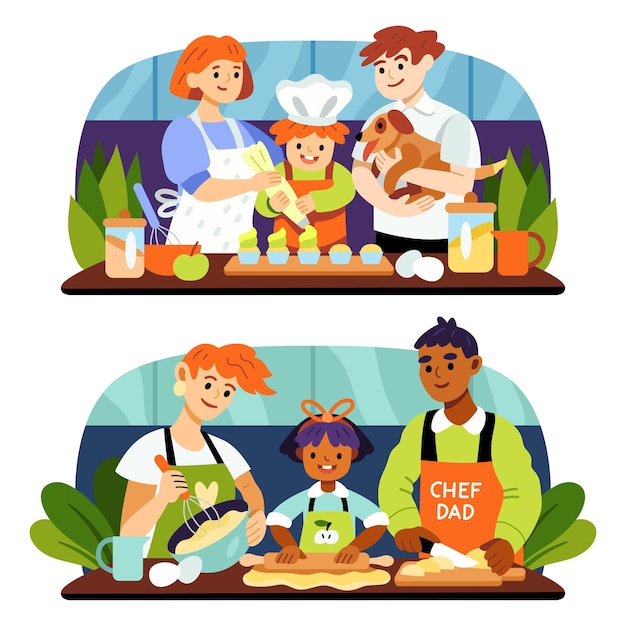 Free vector hand drawn family cooking illustration