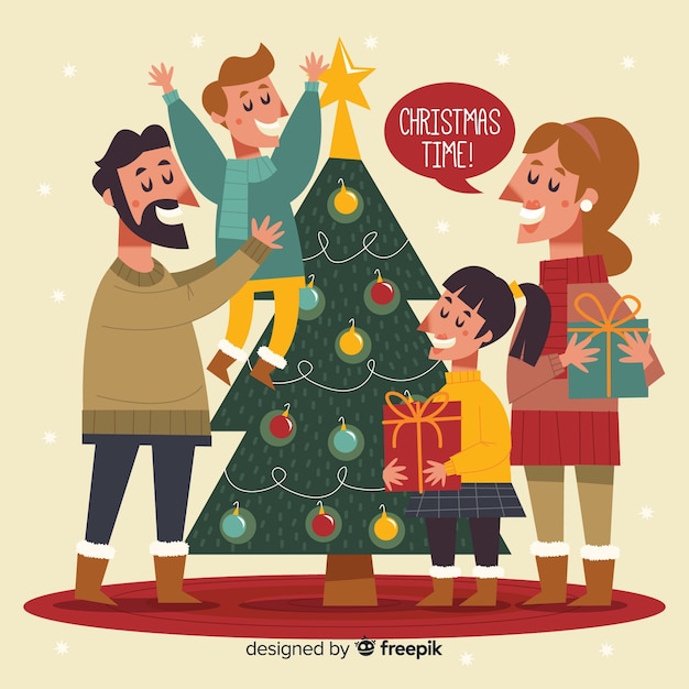 Famiglia disegnata a mano che decora il fondo dell'albero di natale