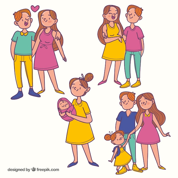 Famiglia disegnata a mano in diverse fasi della vita