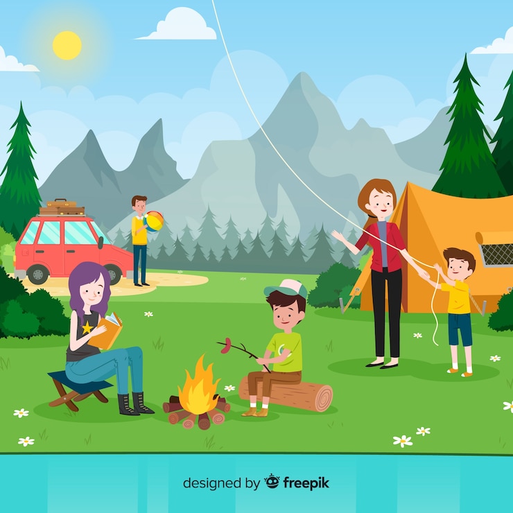 Бесплатный Вектор нарисованная рукой семья делая outdoors деятельность предпосылки