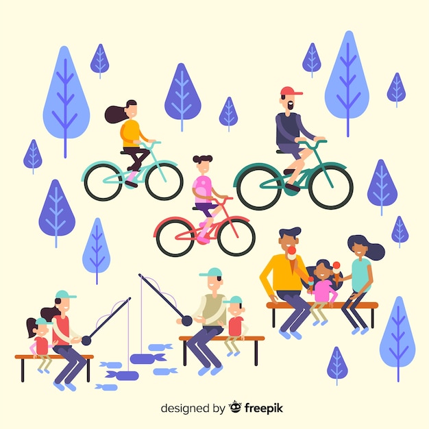 Free vector hand drawn family doing outdoors activities collection