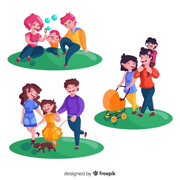 Free vector hand drawn family doing outdoors activities collection