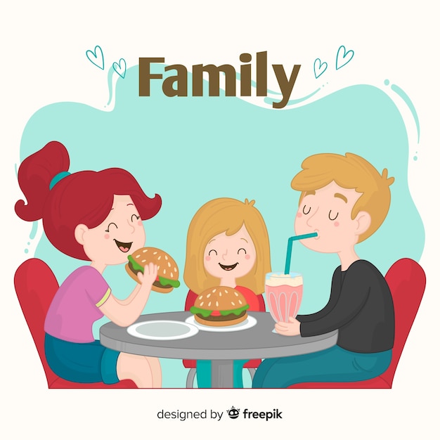 Vettore gratuito famiglia disegnata a mano che mangia insieme gli hamburger
