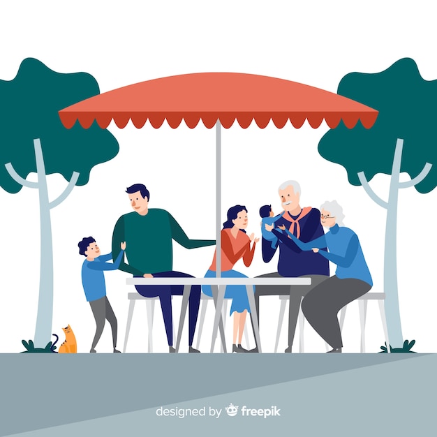 Hand drawn family eating together outdoors