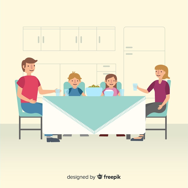 Famiglia disegnata a mano che mangia scena insieme