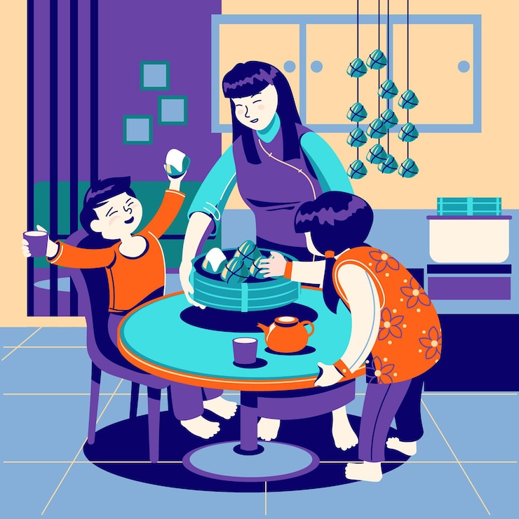 मुफ़्त वेक्टर hand drawn family eating zongzi