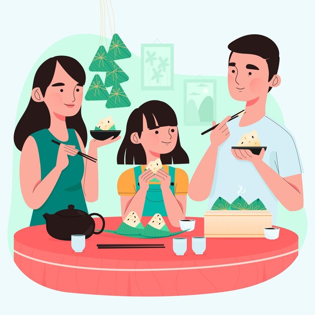 Hand drawn family eating zongzi