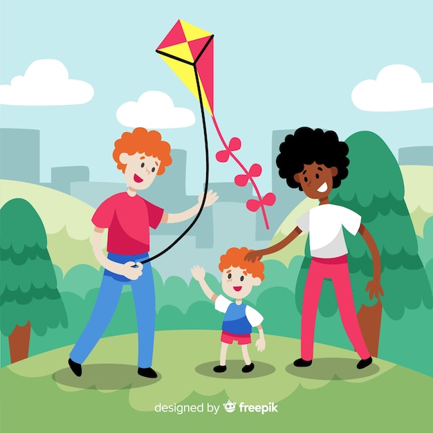 Free vector hand drawn family flying a kite illustration