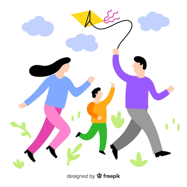 Free vector hand drawn family flying a kite illustration