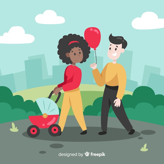 Free vector hand drawn family having a walk illustration