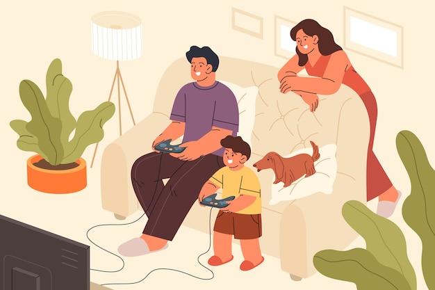 Three kids playing computer game at home 368367 Vector Art at Vecteezy