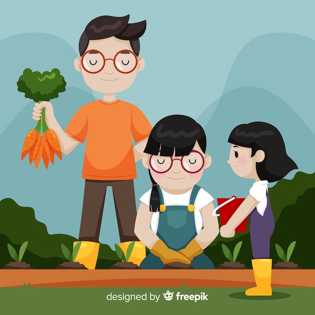 Hand drawn family picking carrots