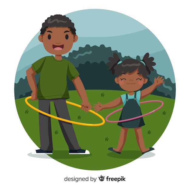 Hand drawn family playing with the hula hoop