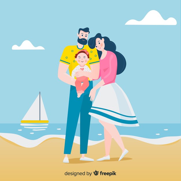 Free vector hand drawn family portrait in the beach