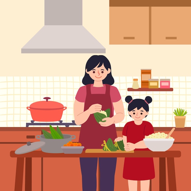 Free vector hand drawn family preparing and eating zongzi