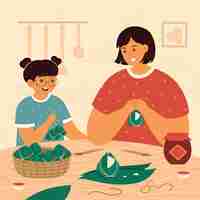 Free vector hand drawn family preparing and eating zongzi