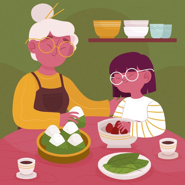 Free vector hand drawn family preparing and eating zongzi