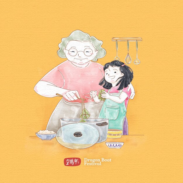 Рисованной семьи готовит и ест цзунцзы