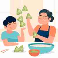 Free vector hand drawn family preparing zongzi illustrated