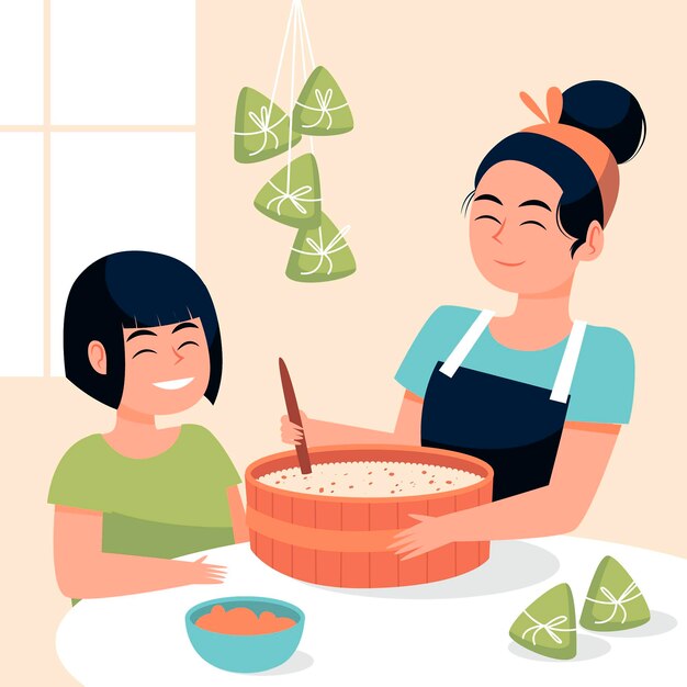 Hand drawn family preparing zongzi