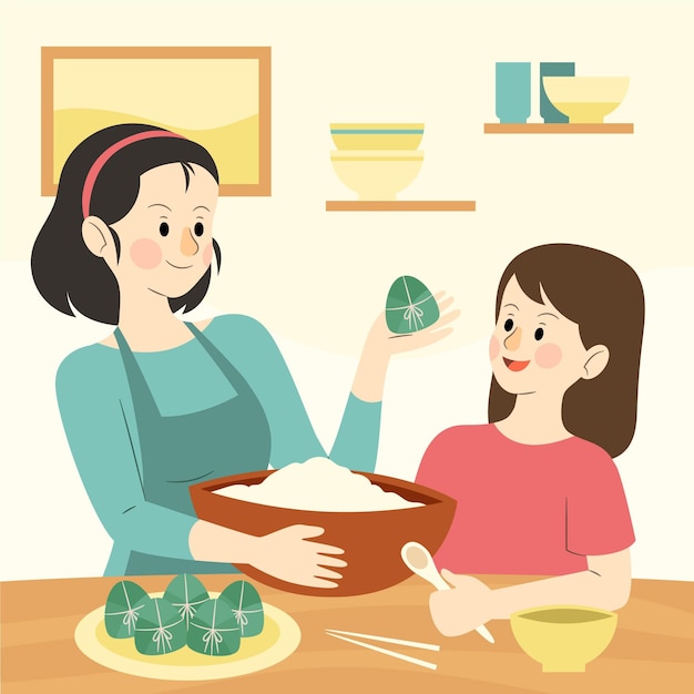 Рисованной семьи готовит цзунцзы