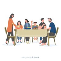 免费矢量手绘家庭围坐在桌子背景