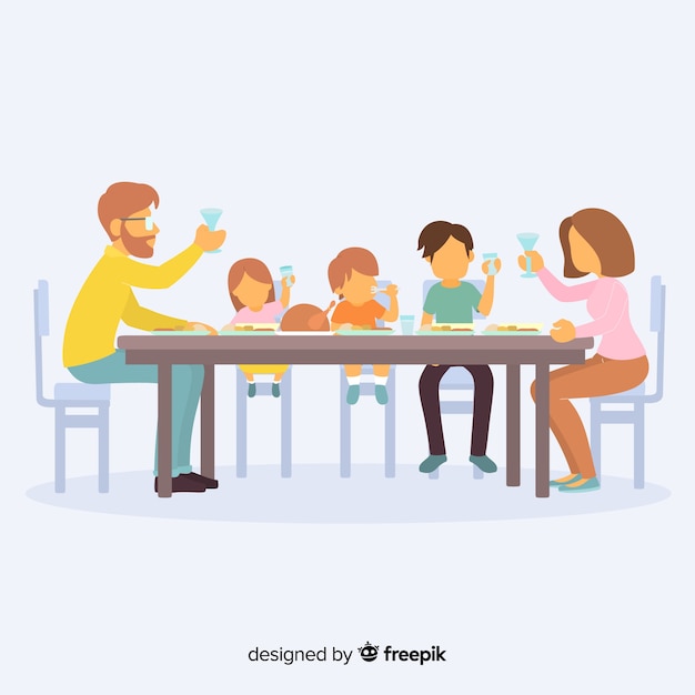 Семья нарисованная рукой сидя вокруг иллюстрации стола