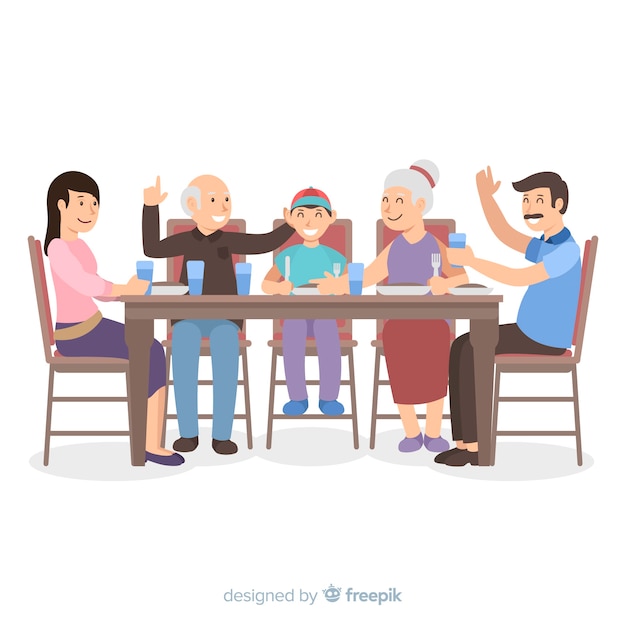 Hand drawn family sitting around table illustration
