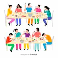 Vettore gratuito famiglia disegnata a mano che si siede intorno all'illustrazione della tavola