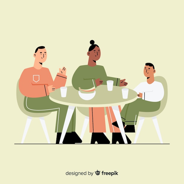 Hand drawn family sitting around table illustration