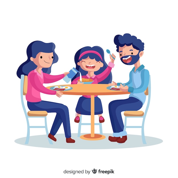 テーブルの図の周りに座って手描き家族