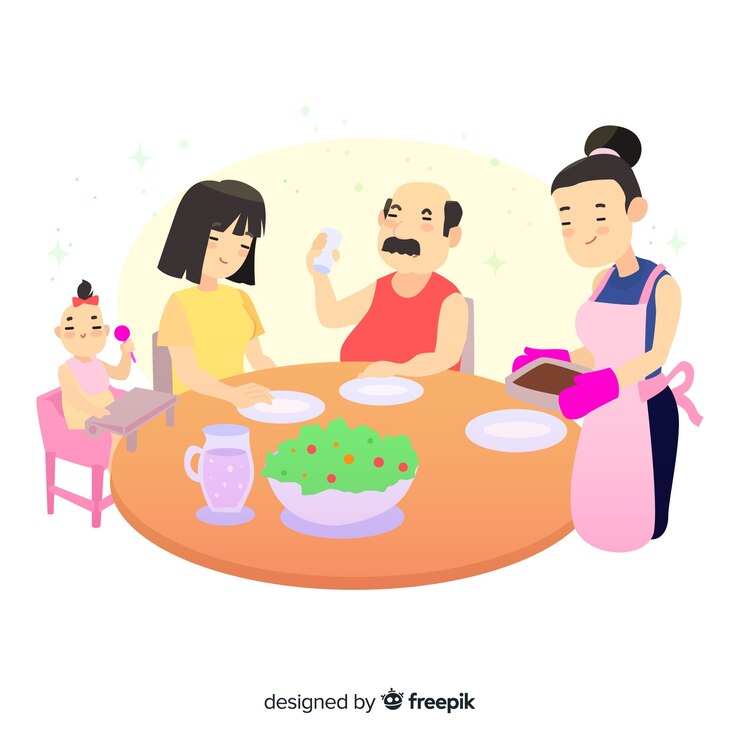 무료 Vector 손으로 그린 가족 테이블 주위에 앉아