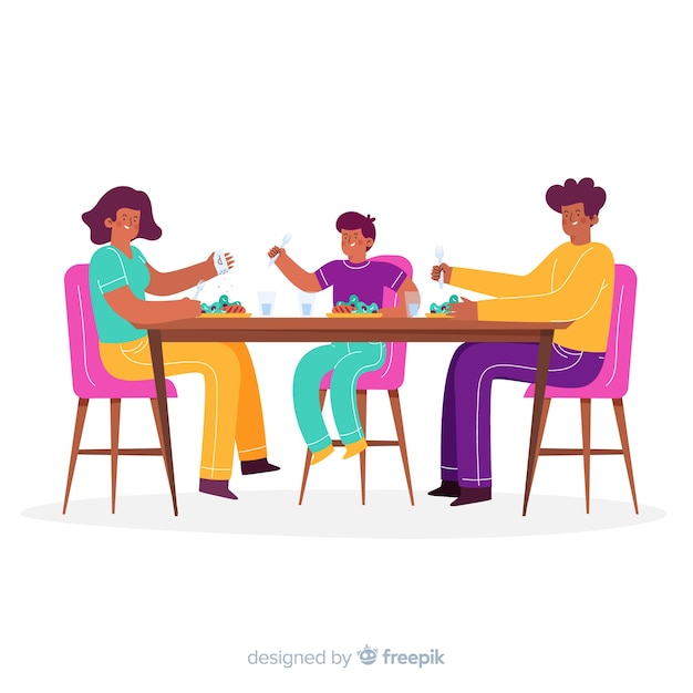 Vettore gratuito famiglia disegnata a mano che si siede intorno al tavolo