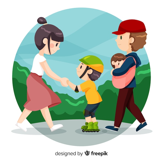 Free vector hand drawn family teaching how to skate