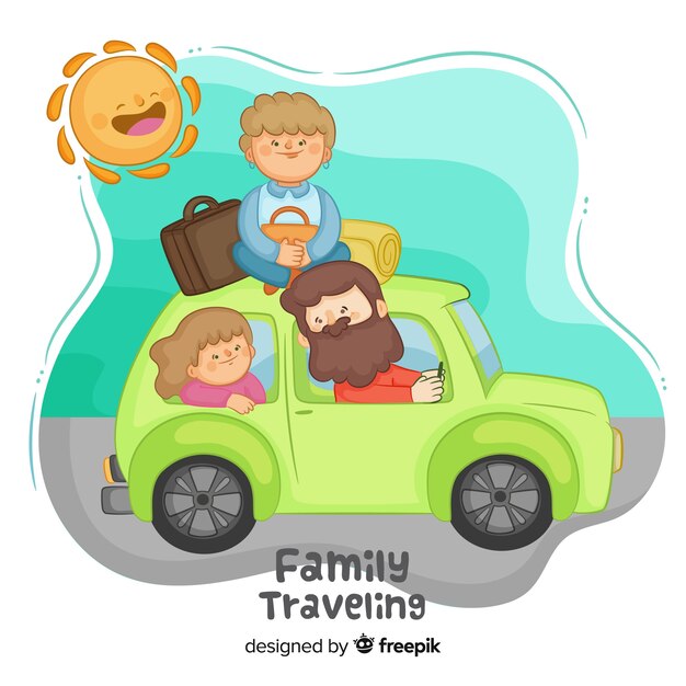 Ручной обращается семья путешествует на машине фоне