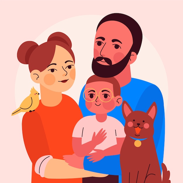 Нарисованная рукой семья с иллюстрацией домашних животных