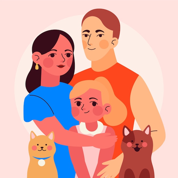 Hand drawn family with pets illustration