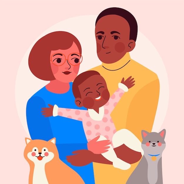 Нарисованная рукой семья с иллюстрацией домашних животных